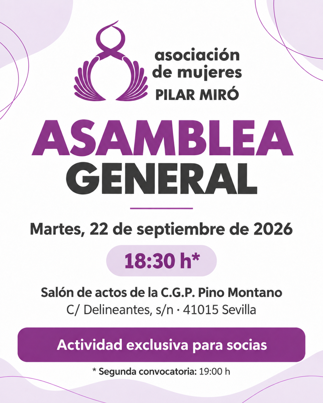 Cartel de la Asamblea General de la Asociación de Mujeres Pilar Miró del 22 de septiembre de 2026.