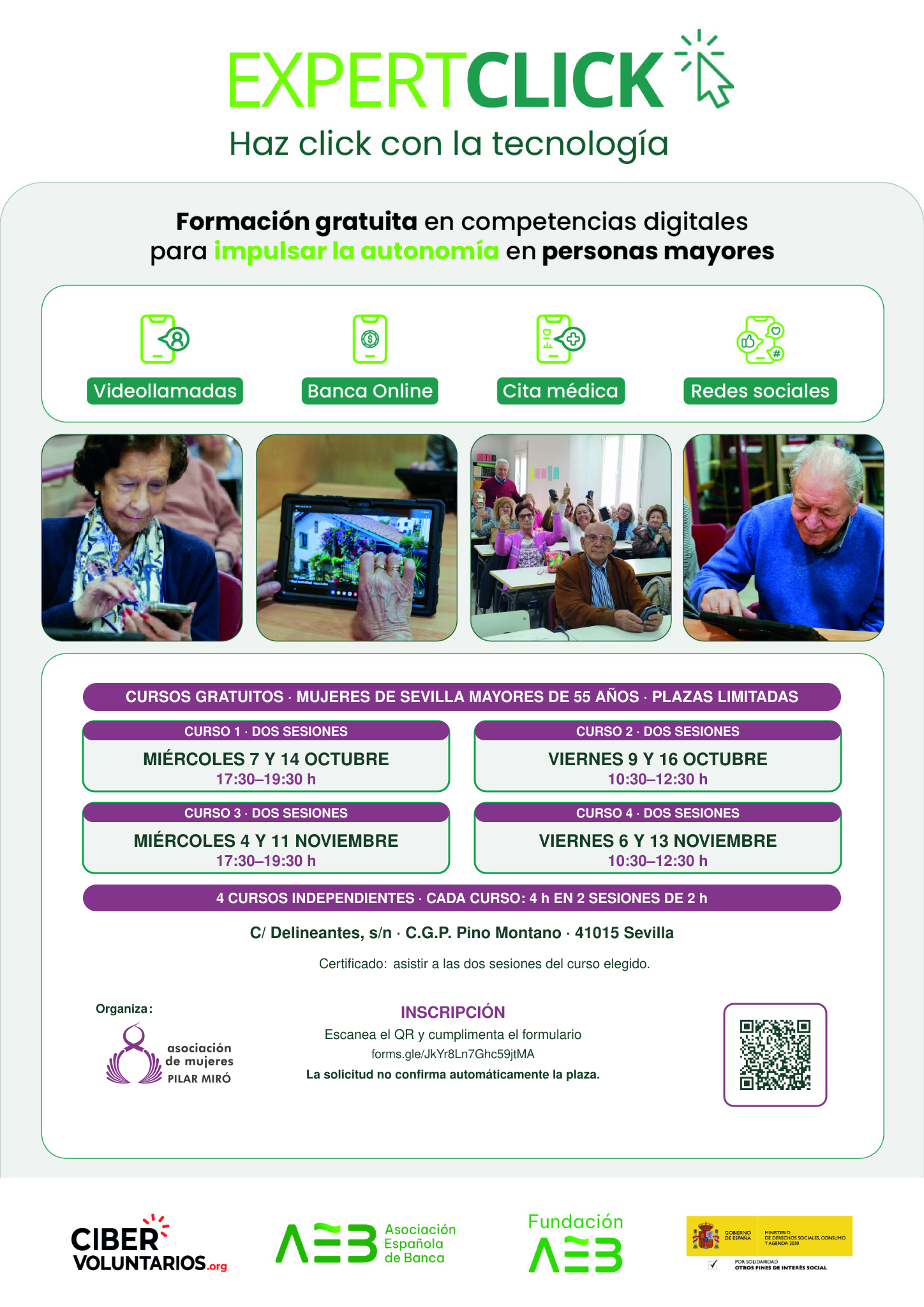 Cartel de los cursos Expertclick de competencias digitales para mujeres de Sevilla mayores de 55 años